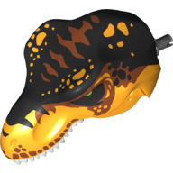 Lego Animal Body Part, Dinosaur, Tyrannosaurus Rex Head with Pin, White Teeth, Black and Dark Orange Top and Black and Bright Light Orange Spots Print