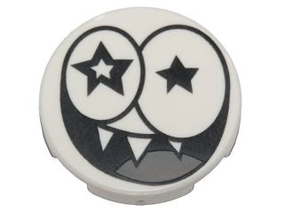 Lego Tile, Round 2 x 2 with Bottom Stud Holder with Black Star Eyes and Smile with Sharp Teeth (Nixel Face) Pattern / White