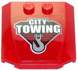 Lego Wedge 4 x 4 x 2/3 Triple Curved with 'CITY TOWING' and Hook Pattern (Sticker) - Set 60137 / Red