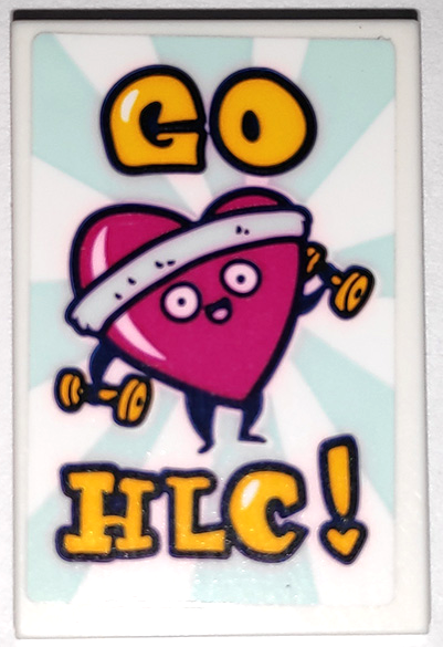 Lego Tile 2 x 3 with Yellow 'GO HLC!' and Magenta Heart Lifting Weights Pattern (Sticker) - Set 41338 / White