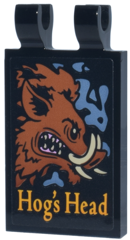 Lego Tile, Modified 2 x 3 with 2 Open O Clips with Dark Orange Pig with White Tusks and Bright Light Orange 'Hog's Head' Pattern (Sticker) - Set 76457 / Black