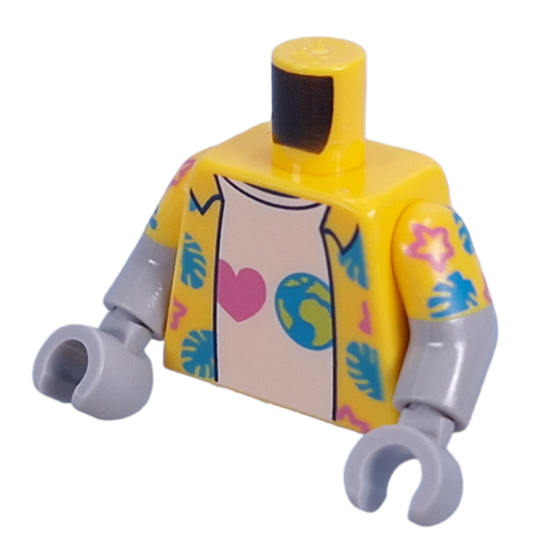 Lego Torso, Dual Molded Arms with Open Hawaiian Shirt, White Shirt with Heart, Earth print, Yellow Sleeves Pattern, Light Bluish Gray Arms and Hands / Yellow