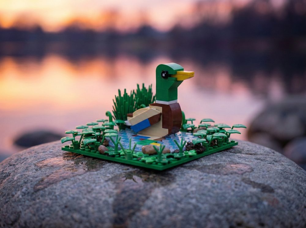 Lego Mallard reflecting on water