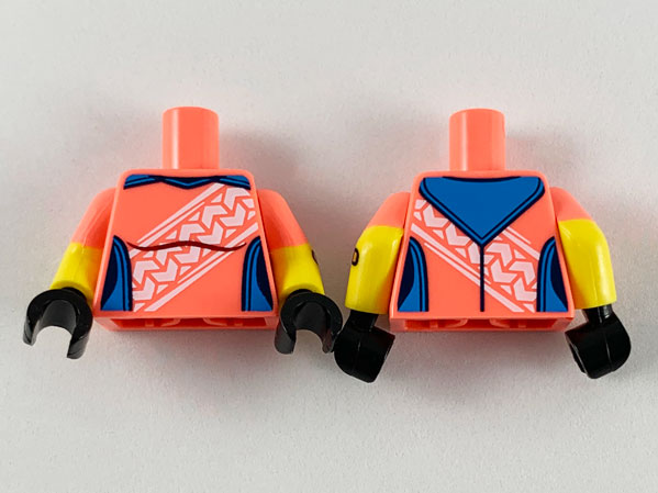 Lego Torso Female Compression with Dark Azure Panels and White Stripe Pattern / Yellow Arms with Coral Short Sleeve Pattern and Bandage on Right / Black Hands