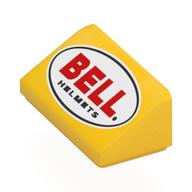 Lego Brick Sloped 30° 1 x 2 x 2/3 with Red 'BELL', Black 'HELMETS' in Black Oval, White Field Print / Yellow