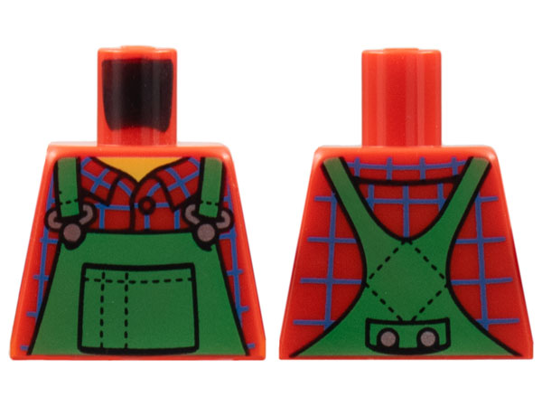 Lego Torso Overalls Green, Blue Windowpane Check Shirt, Wide Neckline, Dotted Seams on Back Pattern / Red