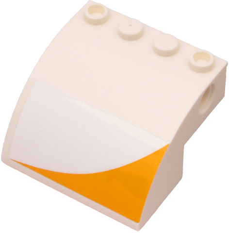Lego Slope, Curved 4 x 4 x 2 with 4 Studs and Pin Holes with Bright Light Orange Corner Stripe Pattern Model Left Side (Sticker) - Set 60262