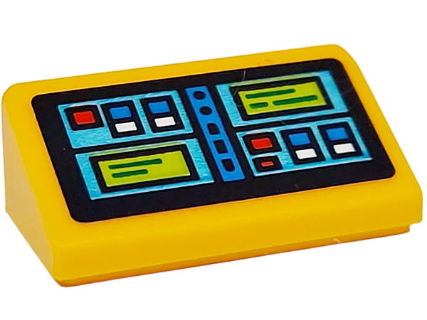 Lego Slope 30 1 x 2 x 2/3 with Screen with Blue, Red and White Buttons and Lime Rectangles on Medium Azure Background Pattern (Sticker) - Set 77076