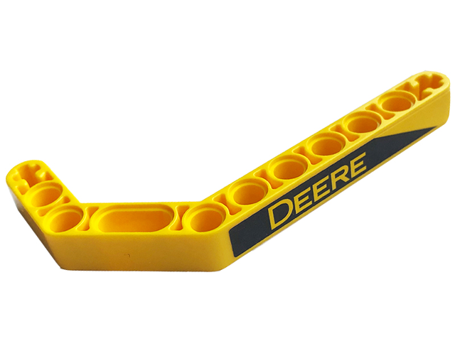 Lego Technic, Liftarm, Modified Bent Thick 1 x 11.5 Double with Black Stripe and Yellow 'DEERE' Pattern Model Left Side (Sticker) - Set 42136 / Yellow