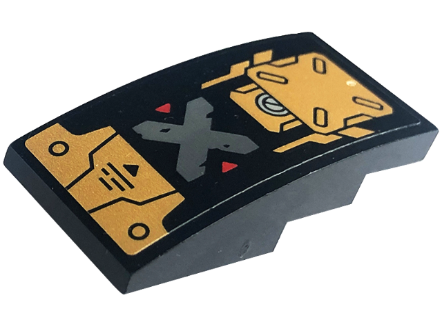 Lego Slope, Curved 4 x 2 with Gold Armor Plates, Black Lines and Circles, Red Triangles, and Dark Bluish Gray Letter X Pattern (Sticker) - Set 71775