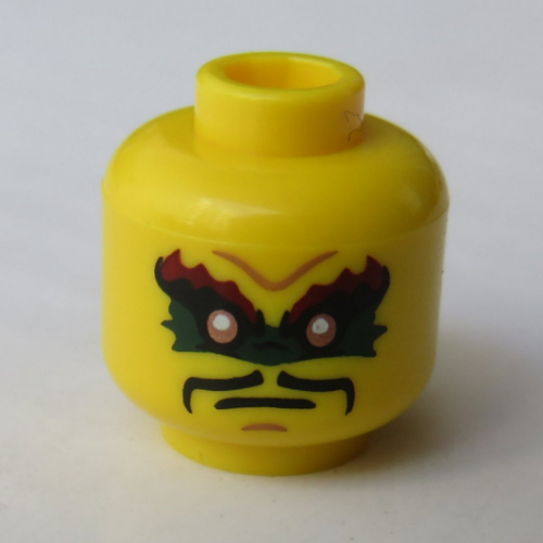 Lego Minifig Head Krux (Acronix), Red Eyebrows, Green Eye Paint, Crooked Smile, Copper Earpiece Print / Yellow