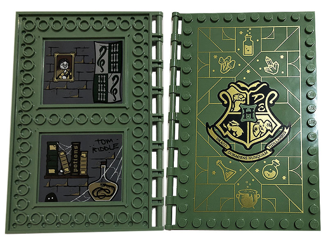 Lego Tile, Modified 10 x 16 with Studs on Edges and Bar Handles with Hogwarts Potions Class with Black 'TOM RIDDLE', Books, 'Potions', Wooden Shelf, Portrait, Cobwebs and Flag of Slytherin Pattern on Inside (Stickers) - Set 76383