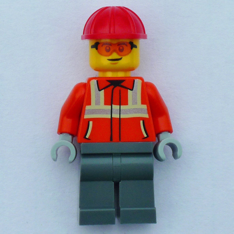 Lego Construction Worker, Reddish Orange Jacket, Red Hard Hat