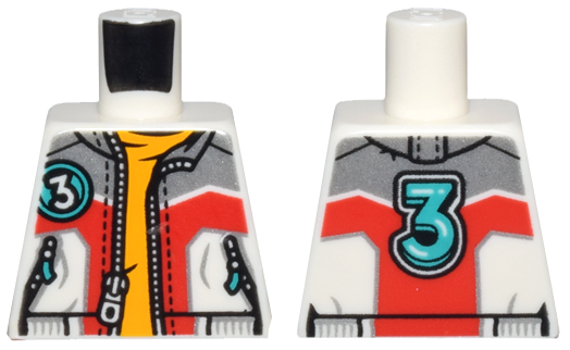 Lego Torso Jacket with Pockets and Zippers, Silver and Red Panels, Open over Bright Light Orange Shirt, Dark Turquoise Number 3 on Front and Back Pattern / White
