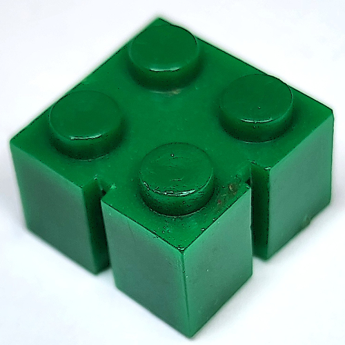 Lego Brick 2 x 2 without Bottom Tubes, Slotted (with 2 slots, right) / Green