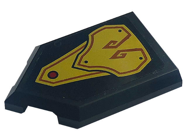 Lego Tile, Modified 2 x 3 Pentagonal with Gold Armor and Red Dot Pattern (Sticker) - Set 71773 / Black