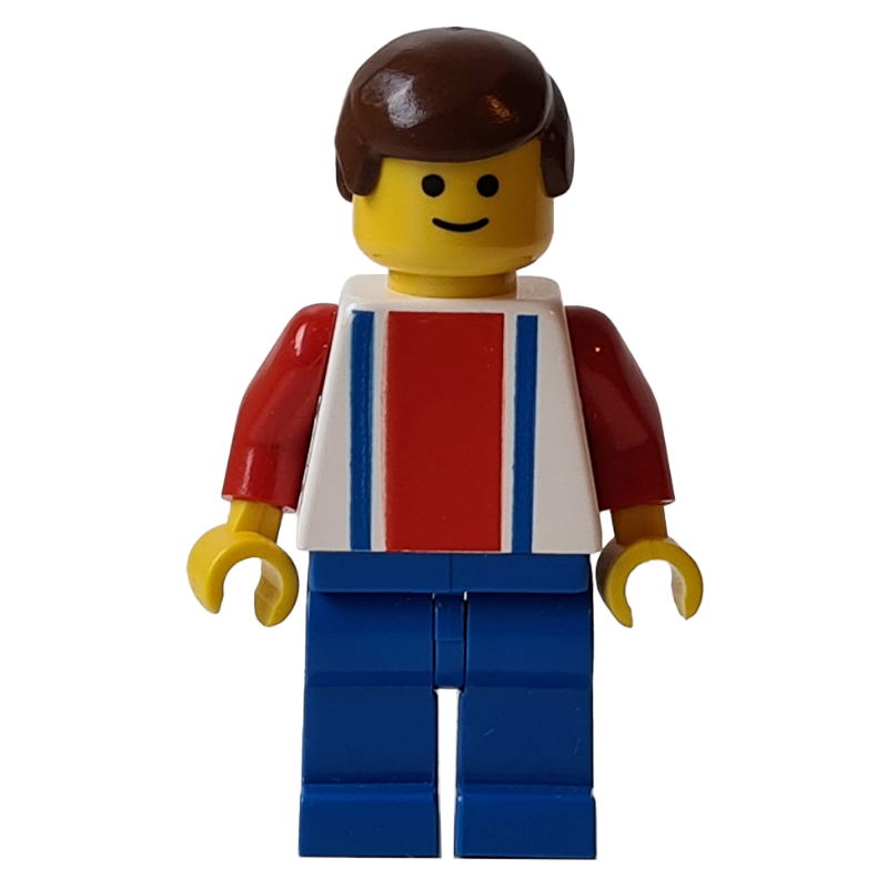 Lego Soccer Player White Torso, Blue/Res Stripes, Blue Legs, Brown Hair, #7