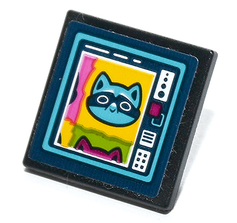 Lego Road Sign 2 x 2 Square with Open O Clip with Dark Blue Computer Screen, Raccoon with Eye Mask and Medium Azure Border Pattern (Sticker) - Set 41731 / Black