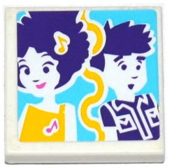 Lego Tile 2 x 2 with Friends Worried Male, Smiling Female and Music Notes Pattern (Sticker) - Set 41130 / White