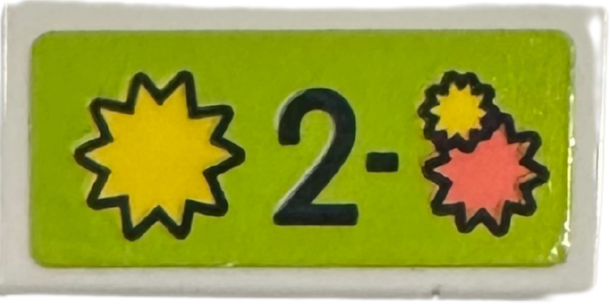 Lego Tile 1 x 2 with '2-', Yellow and Coral Starbursts on Lime Background Pattern (Sticker) - Set 42614 / White