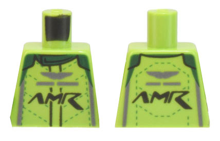 Lego Torso Racing Suit with 'AMR' Aston Martin Logo, Dark Green Collar Pattern / Lime