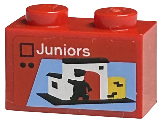 Lego Brick 1 x 2 with LEGO Juniors Set Box Art, White Building with Red Door on Black Baseplate, Minifigure Silhouette Pattern (Sticker) - Sets 40145 / 40305 and Gear 40359 / Red