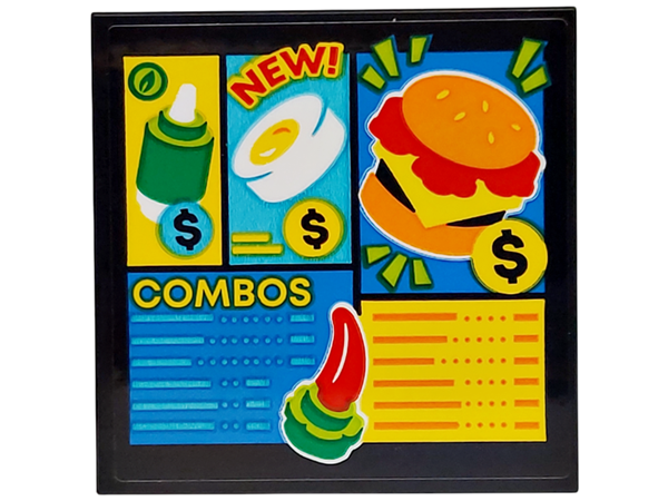 Lego Tile 4 x 4 with Menu with 'NEW!', 'COMBOS', Fried Egg, Burger and Dollar Signs Pattern (Sticker) - Set 77076 / Black