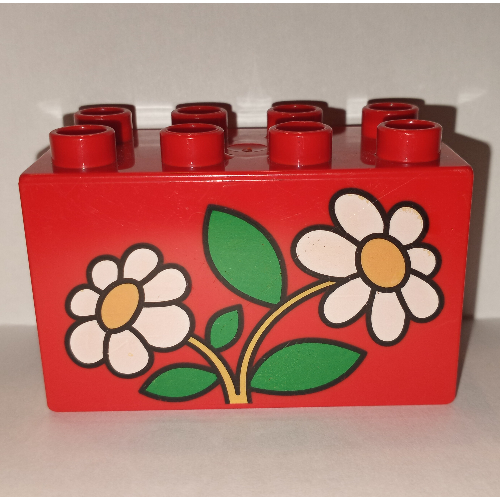 Lego Duplo Brick 2 x 4 x 2 with 2 White Daisies Print / Red