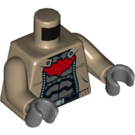 Lego Torso Jacket over Dark Gray Armor, Red Large Bat Logo Print, Dark Tan Arms, Dark Bluish Gray Hands / Dark Tan