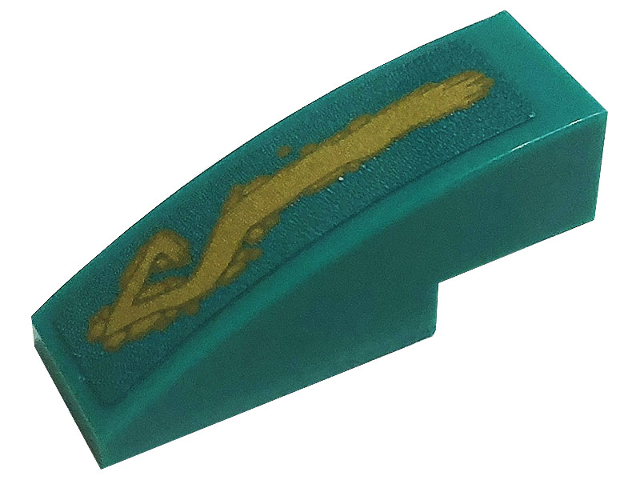 Lego Slope, Curved 3 x 1 with Gold Tribal Symbol Tattoo on Dark Turquoise Background Pattern Model Left Side (Sticker) - Set 71746