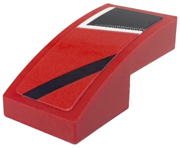 Lego Slope, Curved 2 x 1 x 2/3 with White and Black Stripes and Corner Pattern Model Left Side (Sticker) - Set 76916 / Red