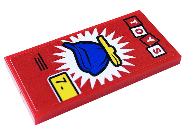 Lego Tile 2 x 4 with 'TOYS', Number 7 and Blue Propeller Hat Pattern (Sticker) - Set 60233 / Red