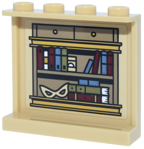 Lego Panel 1 x 4 x 3 with Side Supports - Hollow Studs with Dark Tan and Gold Shelf with Drawers, White Mask and Dark Red, Olive Green and Sand Blue Books Pattern (Sticker) - Set 10351 / Tan