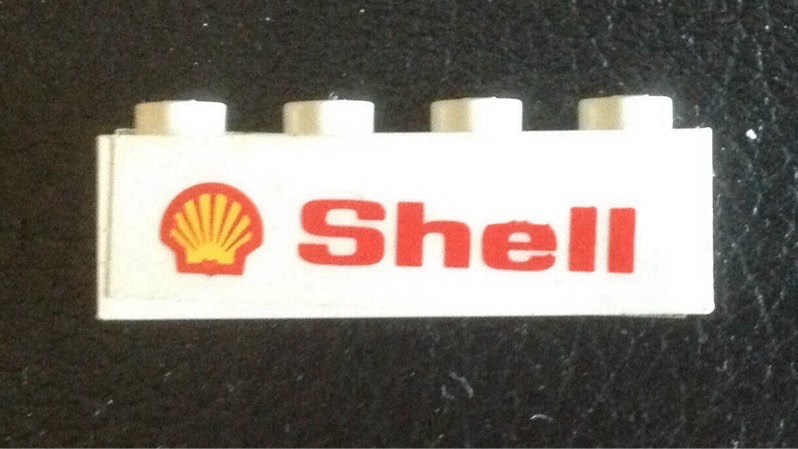 Lego Brick 1 x 4 with 'Shell' Text and Logo Pattern Model Right Side (Sticker) - Set 7735