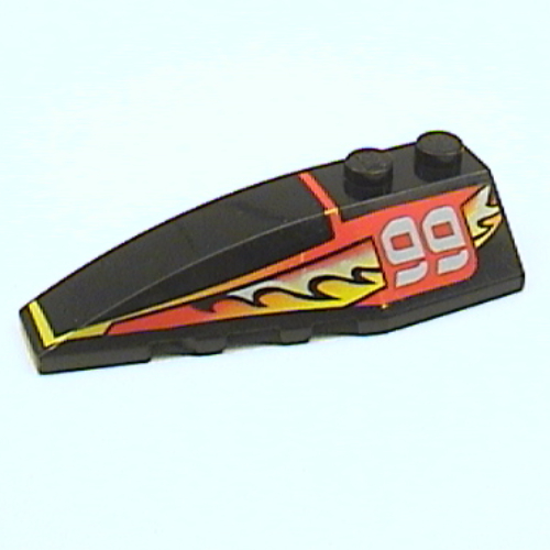 Lego Brick Wedged, Curved 6 x 2 Left with Red, Yellow, and White Flame and '99' Print / Black