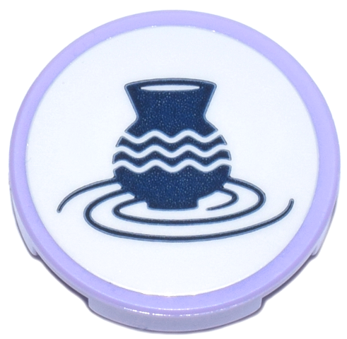 Lego Tile, Round 2 x 2 with Bottom Stud Holder with Ceramic Studio Plaque with Dark Blue Vase and Rotating Spirals on White Background Pattern (Sticker) - Set 42670 / Lavender