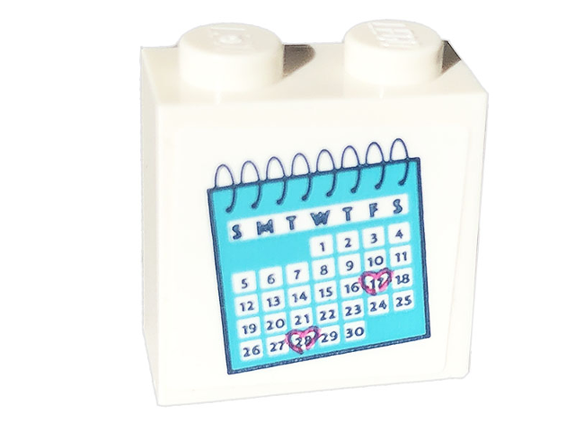 Lego Brick, Modified 1 x 2 x 1 2/3 with Studs on Side with Medium Azure Calendar Pattern (Sticker) - Set 41703
