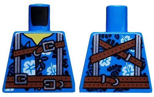 Lego Torso Hawaiian Shirt with White Flowers, Reddish Brown Belt and Straps, Silver Suspenders Pattern / Blue