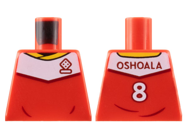 Lego Torso Soccer Uniform, Yellow Collar, White Shoulder Panel, Dark Red Dice Logo, 'OSHOALA 8' on Back Pattern / Red