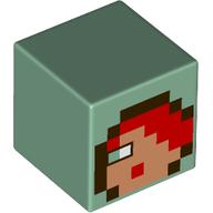 Lego Minifig Head Special, Cube with Pixelated Medium Nougat Dace, Red Hair, Olive Green Eye, Dark Brown Hood Print / Sand Green