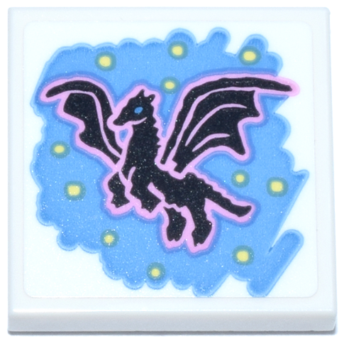 Lego Tile 2 x 2 with Black and Bright Pink Thestral on Medium Blue Background with Bright Light Yellow Stars Pattern (Sticker) - Set 76467