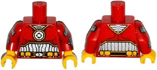 Lego Torso Super Hero Costume with Muscles Outline, Silver Target Medallion and Armor, Black Belt with Buckle and Bright Light Orange Pouches Pattern / Red Arms with Silver Armor and Wrist Guns Pattern / Yellow Hands
