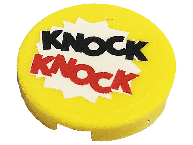 Lego Tile, Round 2 x 2 with Bottom Stud Holder with Black and Red 'KNOCK KNOCK' Pattern (Sticker) - Set 41231 / Yellow