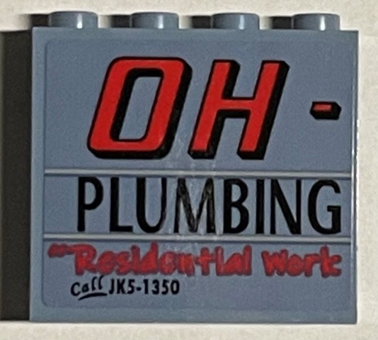 Lego Panel 1 x 4 x 3 with Side Supports - Hollow Studs with 'OH-', 'PLUMBING', 'Residential Work' and 'Call JK5-1350' Pattern Model Back Right Side (Sticker) - Set 21330