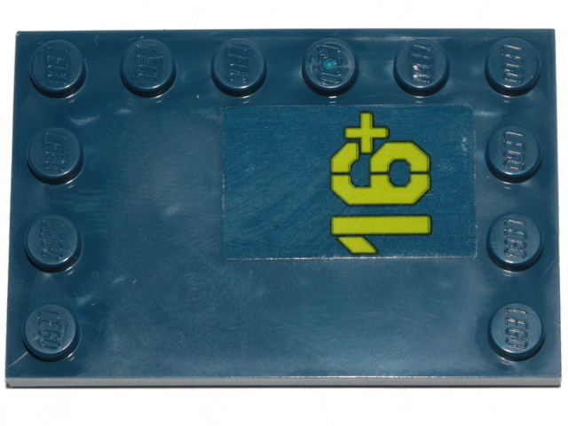 Lego Tile, Modified 4 x 6 with Studs on Edges with Lime '16+' Pattern Model Right Side (Sticker) - Set 70839 / Dark Blue