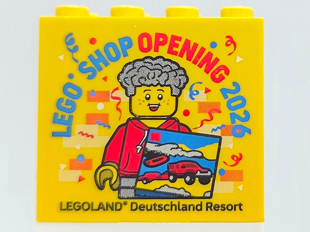 Lego Brick 2 x 4 x 3 with LEGO SHOP OPENING 2026 LEGOLAND Deutschland Resort Pattern / Yellow