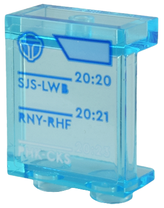 Lego Panel 1 x 2 x 2 with Side Supports - Hollow Studs with Train Schedule 'SJS-LWB 20:20', 'RNY-RHF 20:21', 'PHK-CKS 20:23' Pattern (Sticker) - Set 80036 / Trans-Light Blue