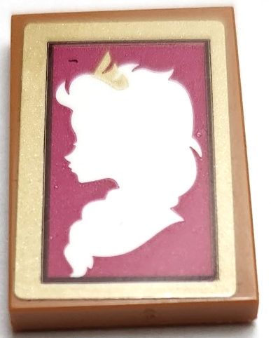 Lego Tile 2 x 3 with White Elsa Silhouette on Magenta Background in Gold Frame Pattern (Sticker) - Set 41167 / Medium Nougat