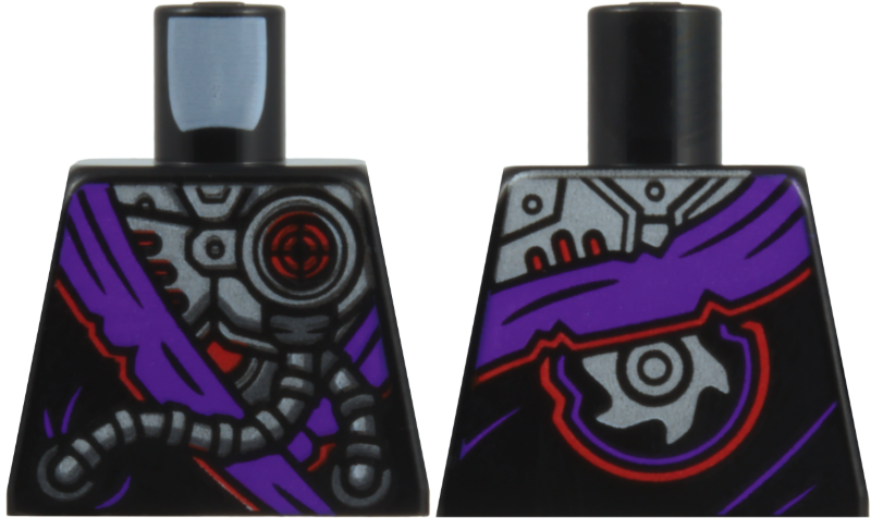 Lego Torso Robe with Dark Purple Hem and Silver Robot Armor, Hoses and Red Circle on Left, Saw Blade on Back Pattern / Black