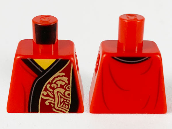 Lego Torso Robe with Black Hem, Dark Red Panel on Left with Gold Lion Pattern / Red